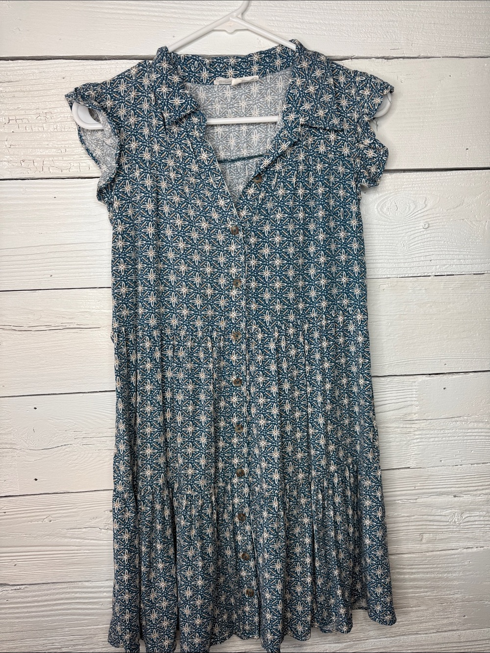Lucky Brand Button-Front Floral Print Ruffled Sleeve Dress in Teal